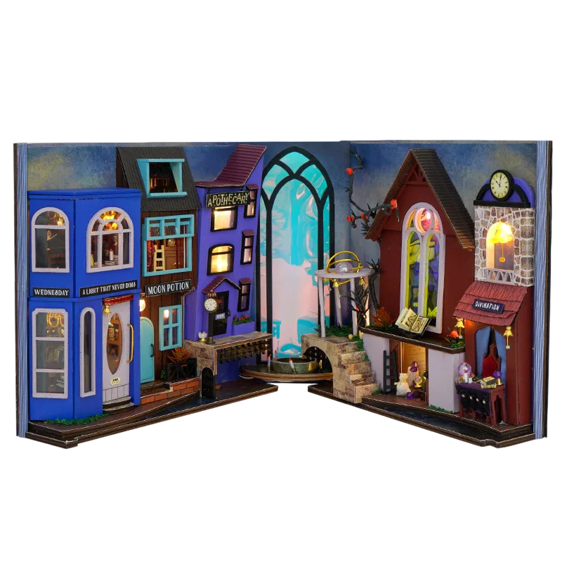 Witch Street miniature: a row of glowing magical shopfronts including an apothecary and a divination shop.